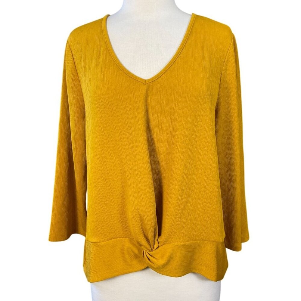 Ann Taylor Factory 3/4 Sleeve Mustard V-Neck Twisted Hem Detail Blouse XL